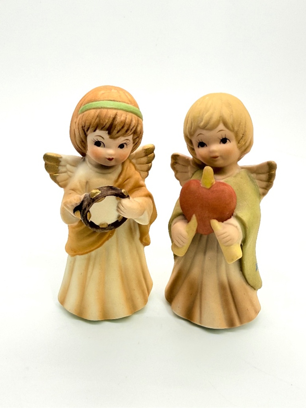 Lefton Porcelain bisque Christmas Angel Figurines Tambourin & Heart # 247